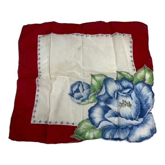 Vintage Large Blue Rose Red Border Victorian Handkerchief Flower Hankie READ - Picture 1 of 5